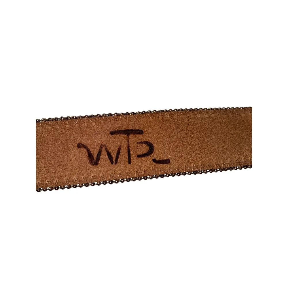 Women's M Brown Genuine Leather Belt Studded Rhinestone Cross Buckle Western